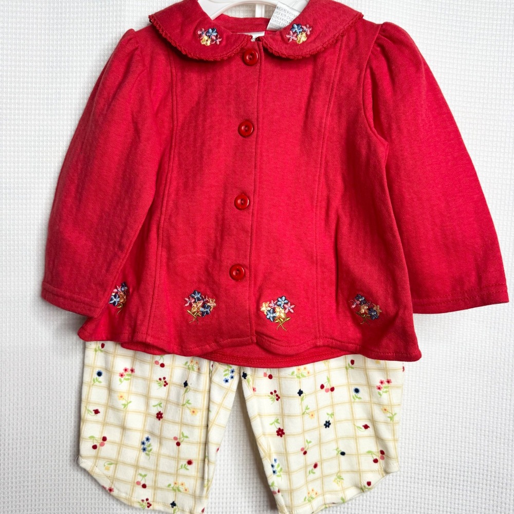 NWT Little Wonders Vintage 3 Piece Set Red Floral Embroidered Top Pants 6-9M